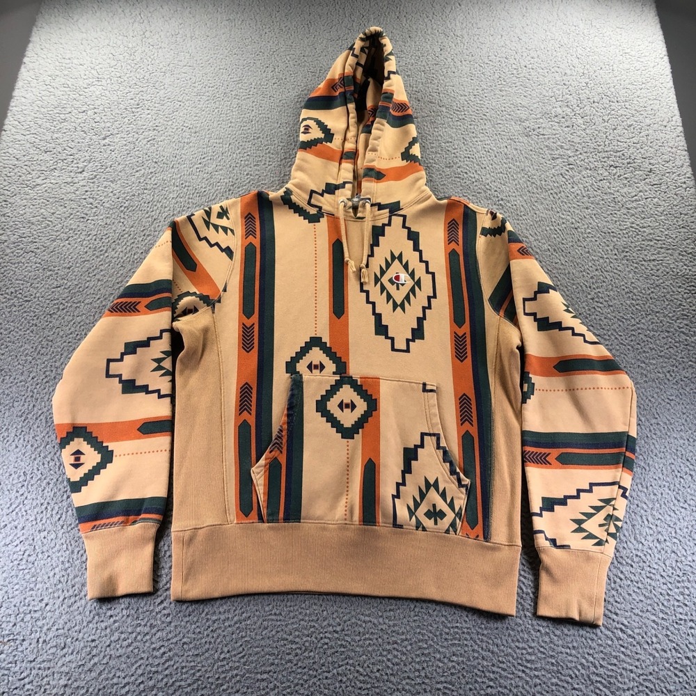 Champion Hoodie Mens Medium Beige Reverse Weave Aztec Southwestern Print Y2K